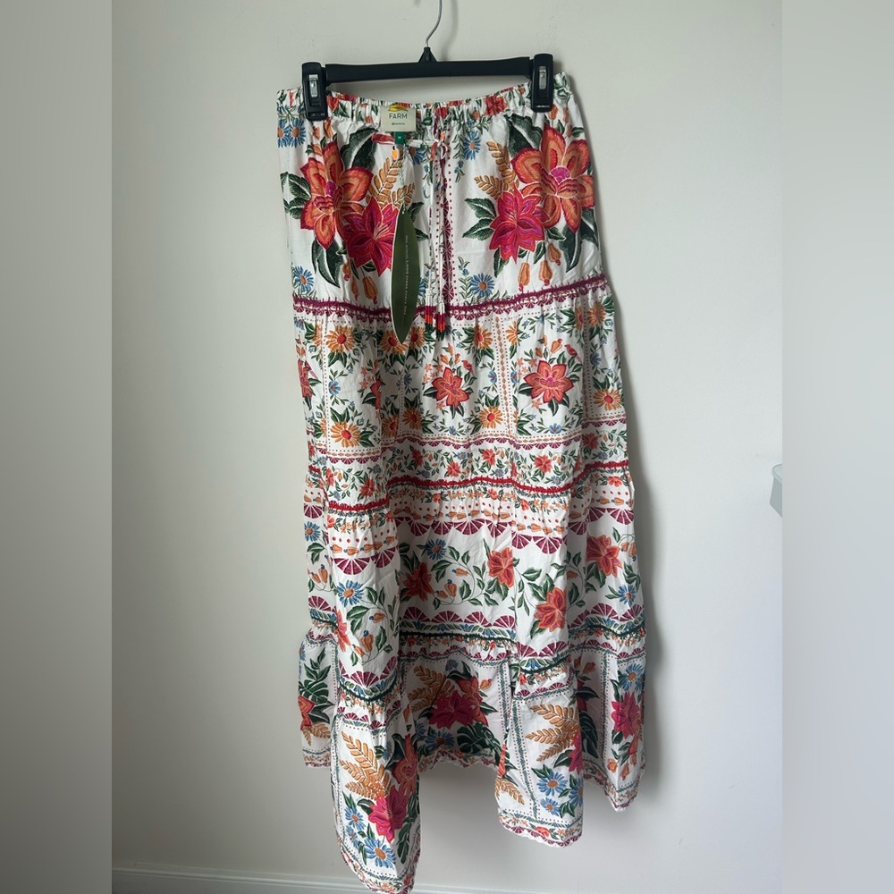 Farm Rio Floral Cotton Bloom Garden Beaded Flowy Maxi Skirt